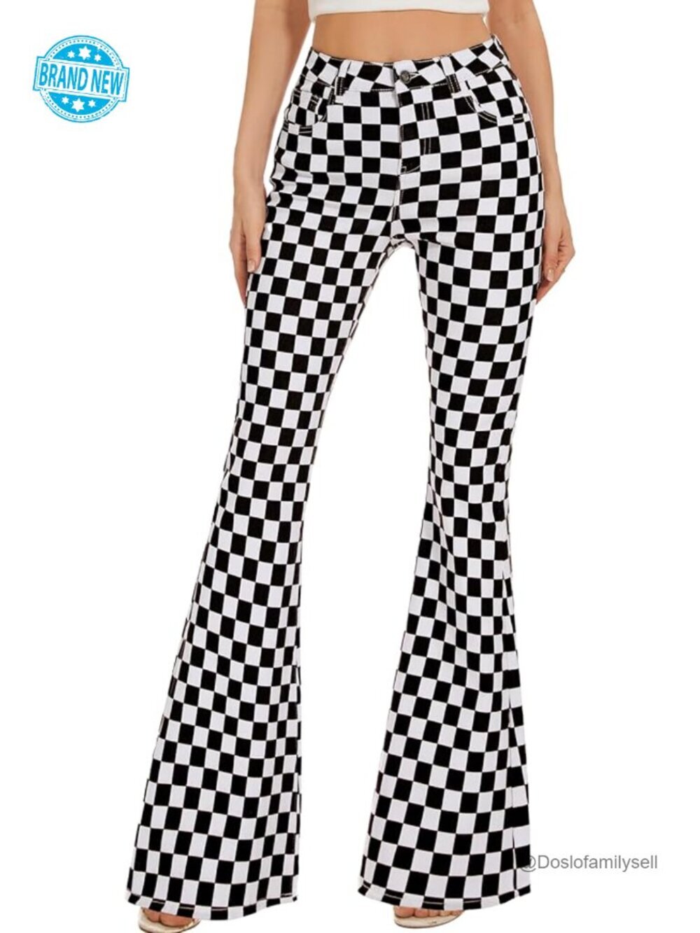 High Waisted Stretch Plaid Flare Jeans Bell Bottom Denim Pants